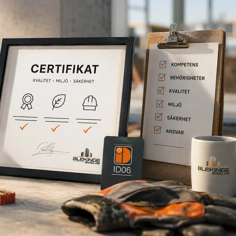 Certifikat för Blekinge Bygg AB som symboliserar kvalitet, miljö, säkerhet och behörigheter